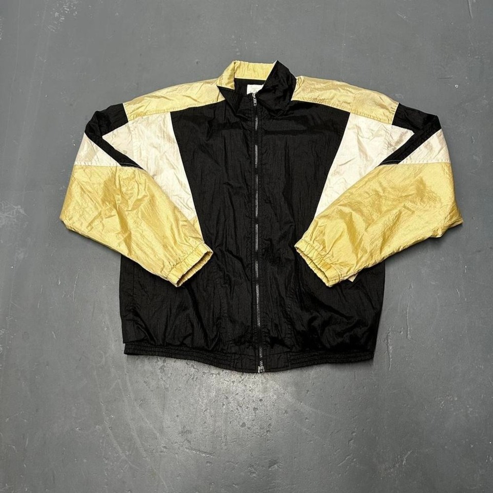 Vintage 80s/90s retro color block black white and gold zip up nylon windbreaker